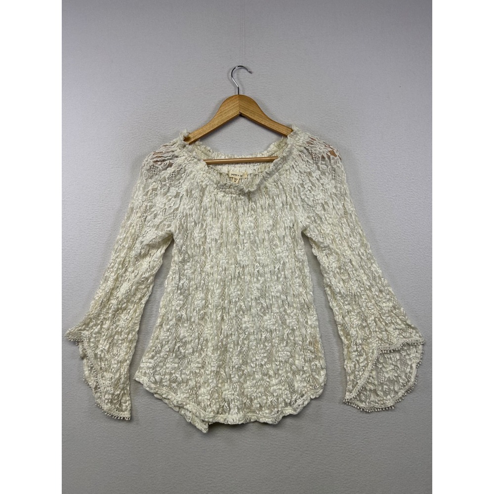 Boho Cottagecore Paper + Tee Womens M Ivory Floral Lace Bell Sleeve Blouse